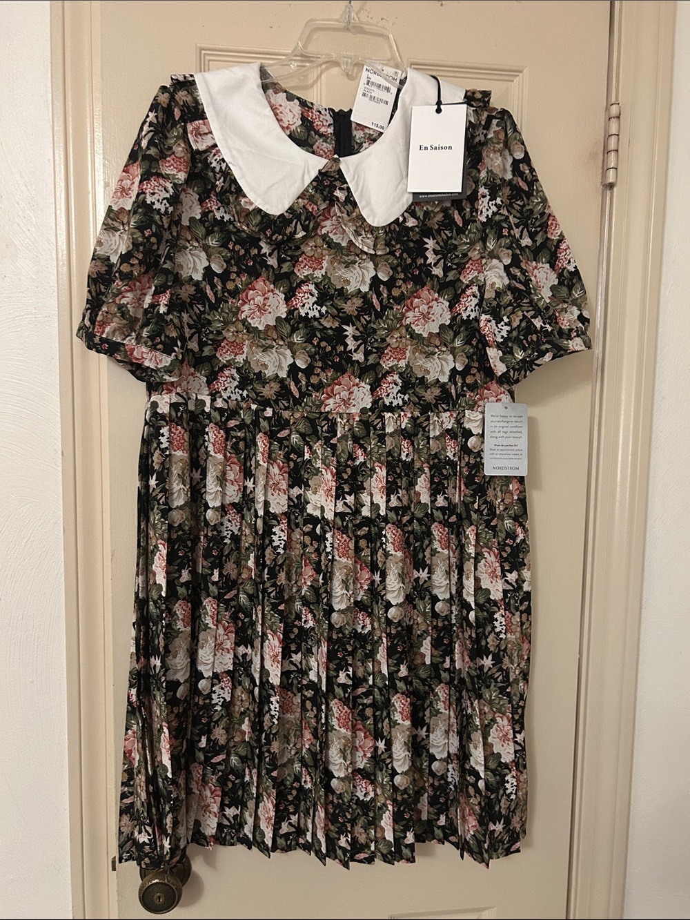 En Saison Black Floral Dress with White Peter Pan Collar